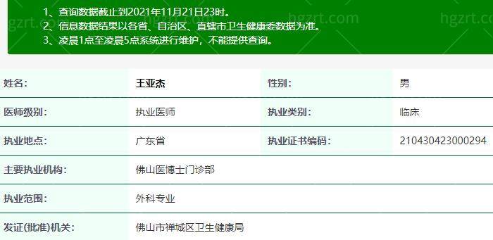 佛山医博士门诊部王亚杰资质