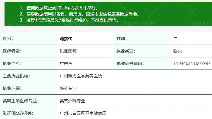 广州曙光整形刘杰伟医生执业资质