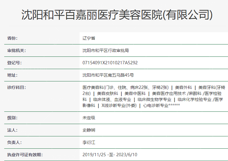 沈阳和平百嘉丽医疗美容医院资质