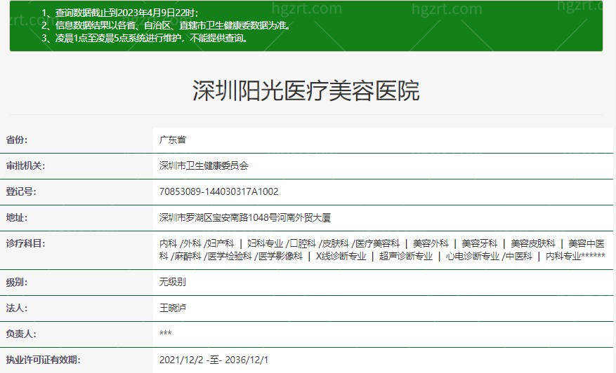 深圳阳光整形美容医院执业许可证图片