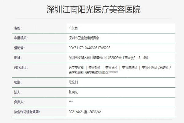 深圳江南阳光整形美容医院资质