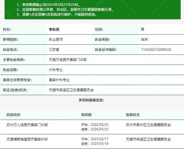 无锡万佳医疗美容李东旭资质