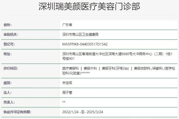 深圳瑞美颜医疗美容门诊部资质