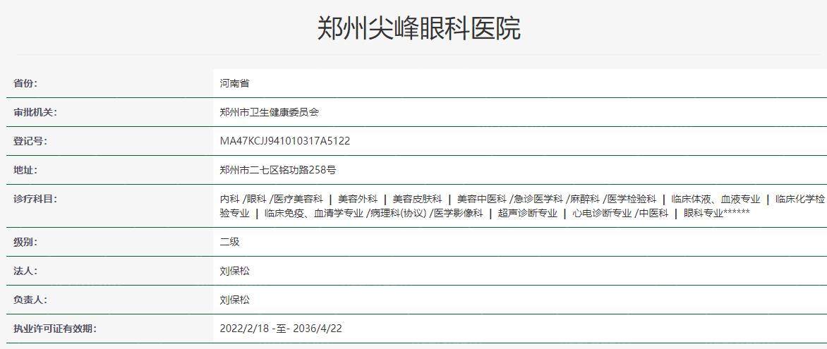 郑州尖峰眼科医院卫健委资料