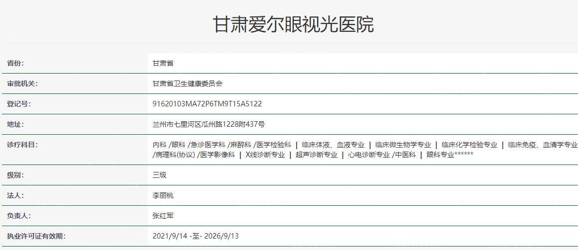 甘肃爱尔眼视光医院卫健委资料