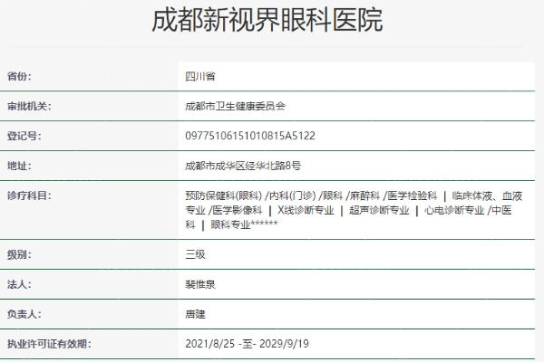 成都新视界眼科医院资质信息