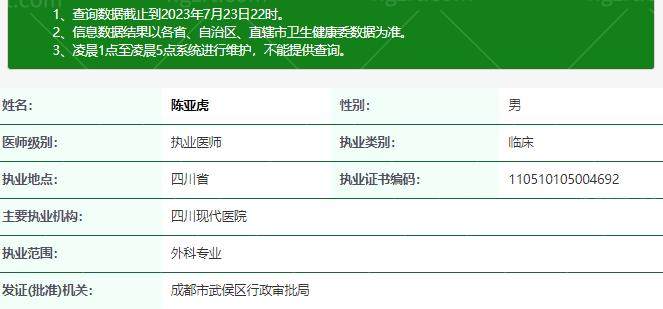四川成都现代整形医院陈亚虎医生资质
