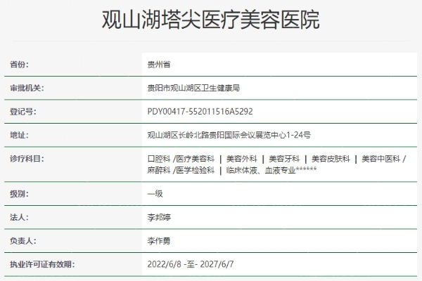 贵阳塔尖医疗美容医院资质信息