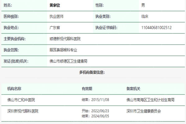 黄家钦医生个人资质信息