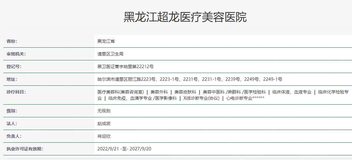 哈尔滨超龙整形医院卫健委资料