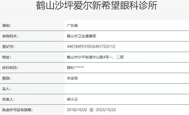鹤山沙坪爱尔新希望眼科诊所资质
