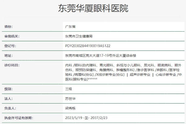 东莞华厦眼科医院资质信息