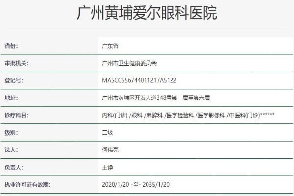 广州黄埔爱尔眼科医院资质信息