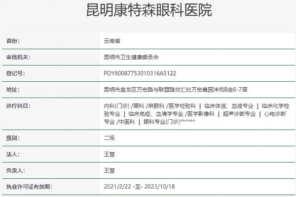 昆明康特森眼科医院资质信息