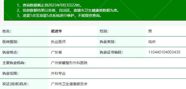 梁进华医生执业注册信息