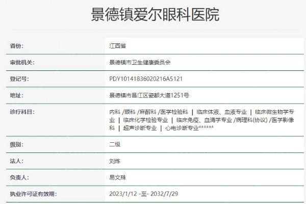 景德镇爱尔眼科医院资质信息