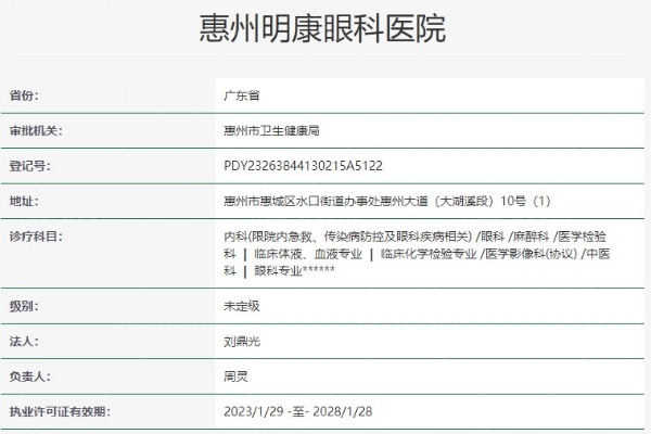 惠州明康眼科医院资质信息