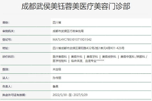 成都美钰医疗美容资质信息