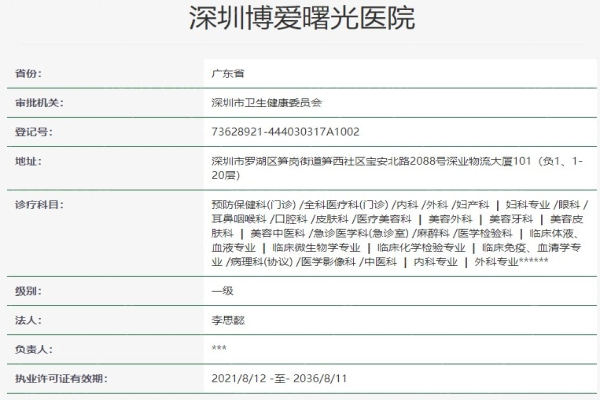 深圳博爱曙光医院眼科资质信息