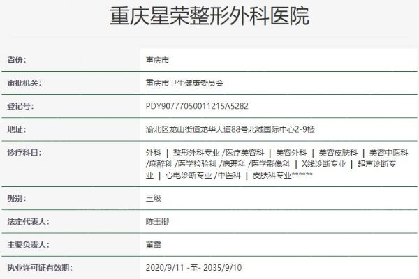 重庆星荣整形美容医院资质信息