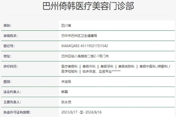 巴中倚韩整形医院资质信息