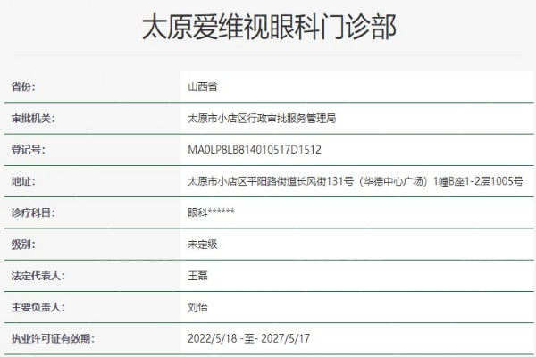 太原爱维视眼科资质信息