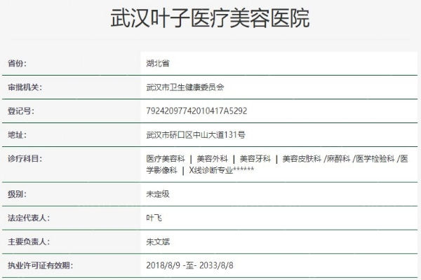 武汉叶子医疗美容医院资质信息