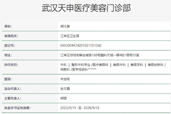 武汉天申医疗美容门诊部资质信息
