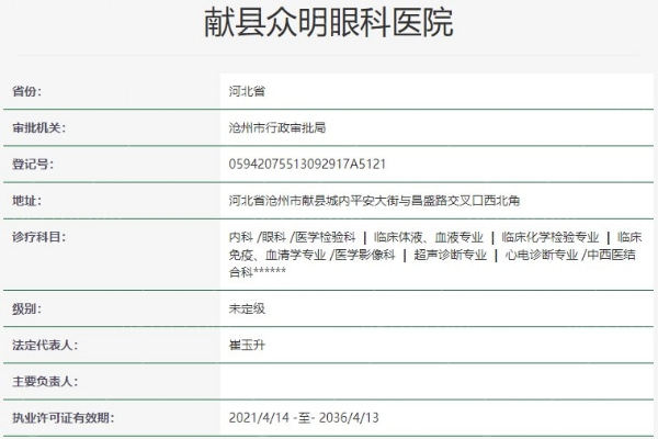 河北沧州献县众明眼科医院资质信息
