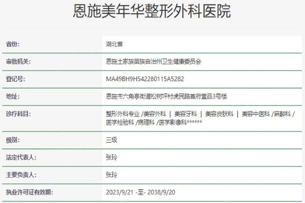 恩施美年华整形外科医院资质信息