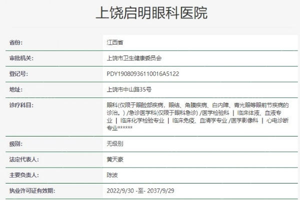 上饶启明眼科医院资质信息