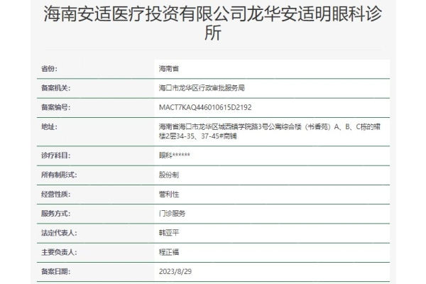 海南安适明眼科诊所资质信息