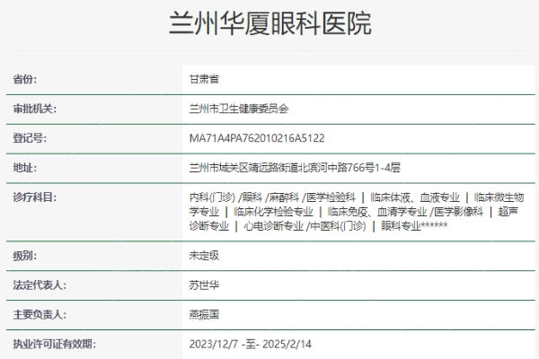 兰州华厦眼科医院资质信息