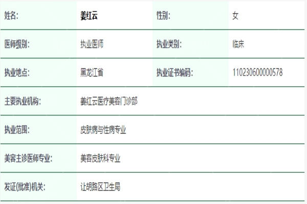 姜红云医生资质信息
