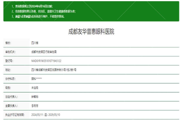 成都友华普惠眼科医院资质信息