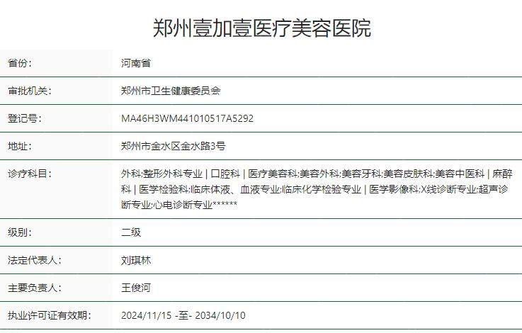 郑州壹加壹医疗美容医院卫健委资质