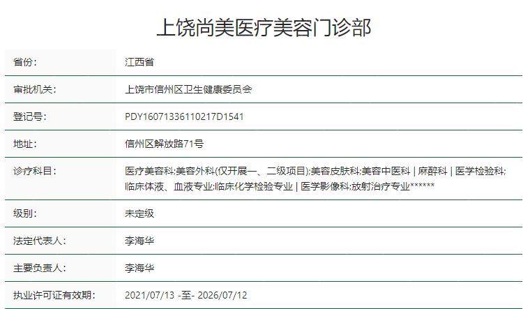 上饶尚美整形医疗美容医院卫健委资质
