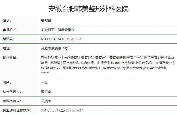 安徽合肥韩美整形外科医院卫健委资质