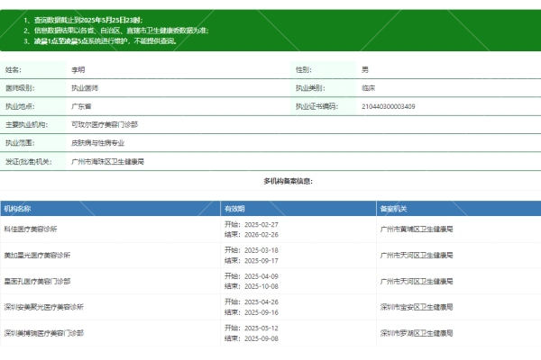 深圳美博瑞医疗美容门诊部李明医生资质信息