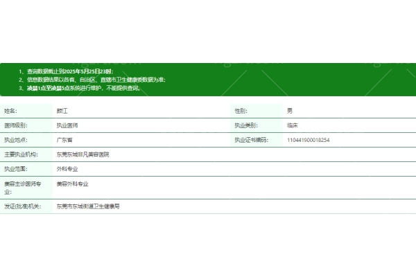 东莞东城非凡美容医院颜江医生资质信息