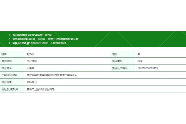 西双版纳莱尚医疗美容门诊部刘书贺医生资质信息