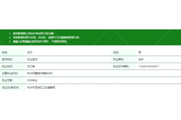 杭州妍醍医疗美容诊所刘文医生资质信息