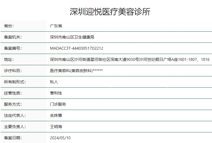 深圳迎悦医疗美容诊所卫健委资质