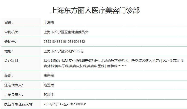 上海东方丽人医疗美容门诊部卫健委资质