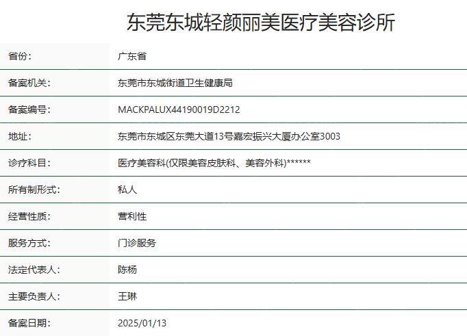 东莞东城轻颜丽美医疗美容诊所卫健委资质
