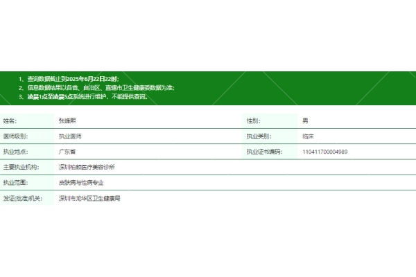 深圳美博瑞医疗美容门诊部张峰熙医生资质信息