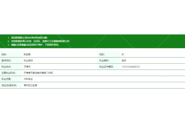 天津南开紫洁医疗美容门诊部张金娥医生资质信息
