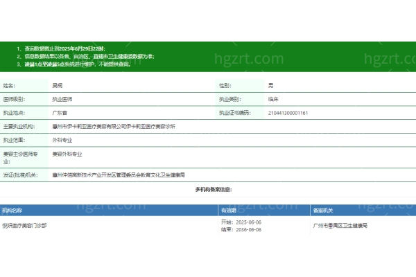 广州番禺悦妍医疗美容门诊部吴桐医生资质信息