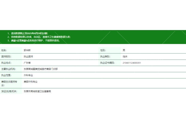 东莞南城星美悦城医疗美容门诊部郭华新医生资质信息