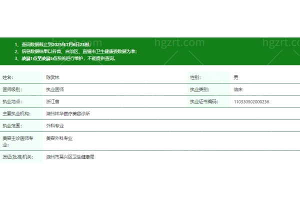 湖州林华医疗美容诊所陈武林医生资质信息